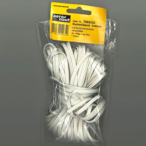 Ersatzgummis 1x4mm für Gummimotoren in einer Verpackung mit 100 Stück, geeignet für Modellbau und Bastelprojekte.