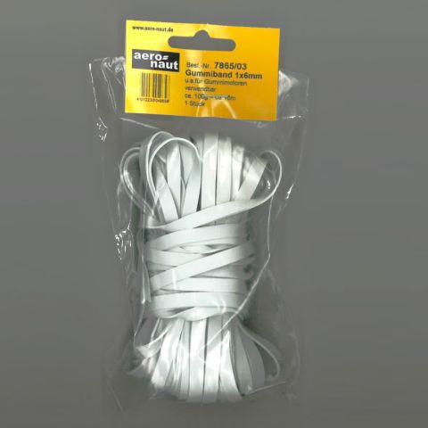 Ersatzgummis 1x6mm von Aeronaut, verpackt in durchsichtiger Folie, ideal für Gummimotoren.