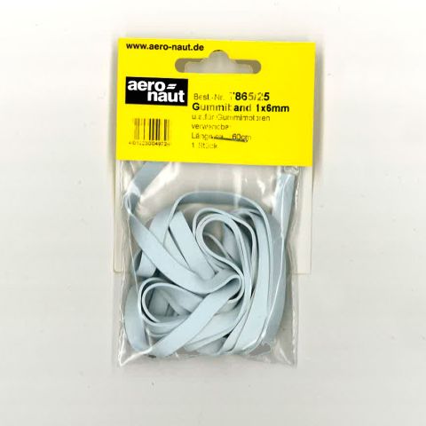Ersatzgummis 1x6mm von Aero-Naut, geeignet für Gummimotoren, in transparentem Verpackungsbeutel.