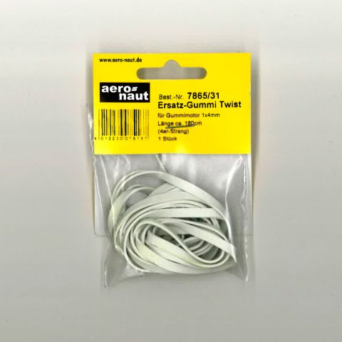 Ersatzgummi Twist für Gummimotor, 1x4mm, 180cm, verpackt in durchsichtiger Tüte. Ideal für Modellbau und Antriebssysteme.